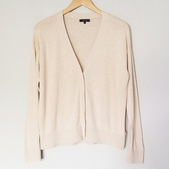 Quince Lightweight Cotton Cashmere Cardigan M V Neck Heather Oatmeal $128 Preppy - Picture 5 of 16
